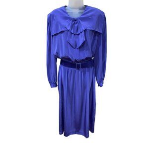 Vintage Hana Sung Purple Long-Sleeve Belted Dress Polyester Pleated Front & Bow